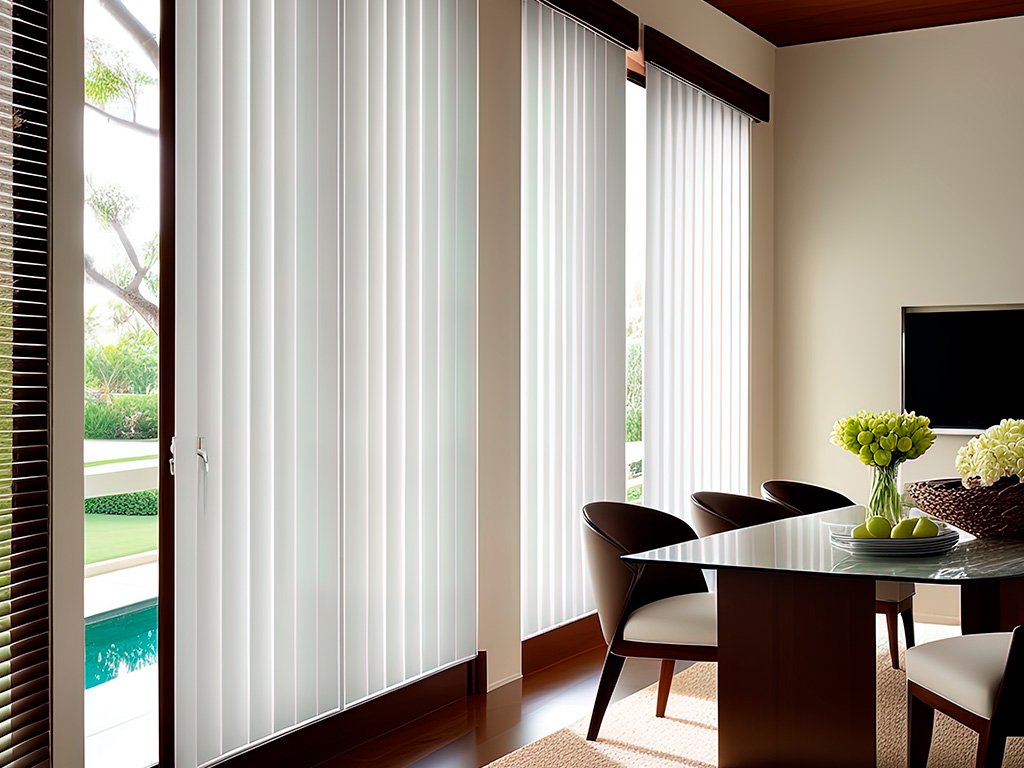 Sala de jantar com persiana vertical em amplo vão de vidro