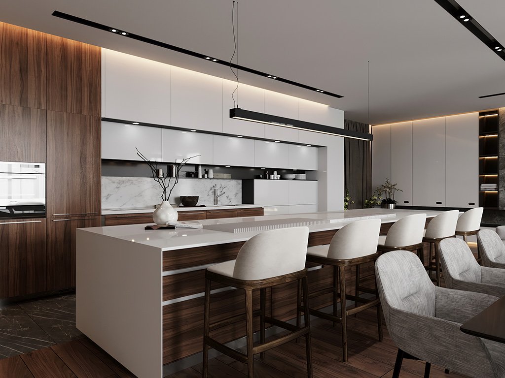 Cozinha planejada moderna em branco e madeira